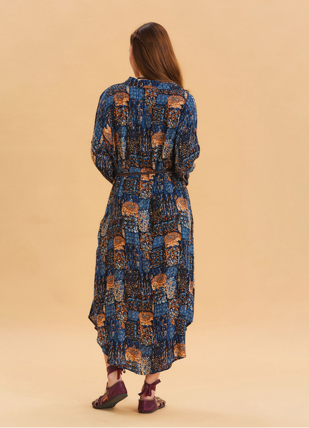 Shirt Collar Belt Detailed Blue Bohemian Dress 4451